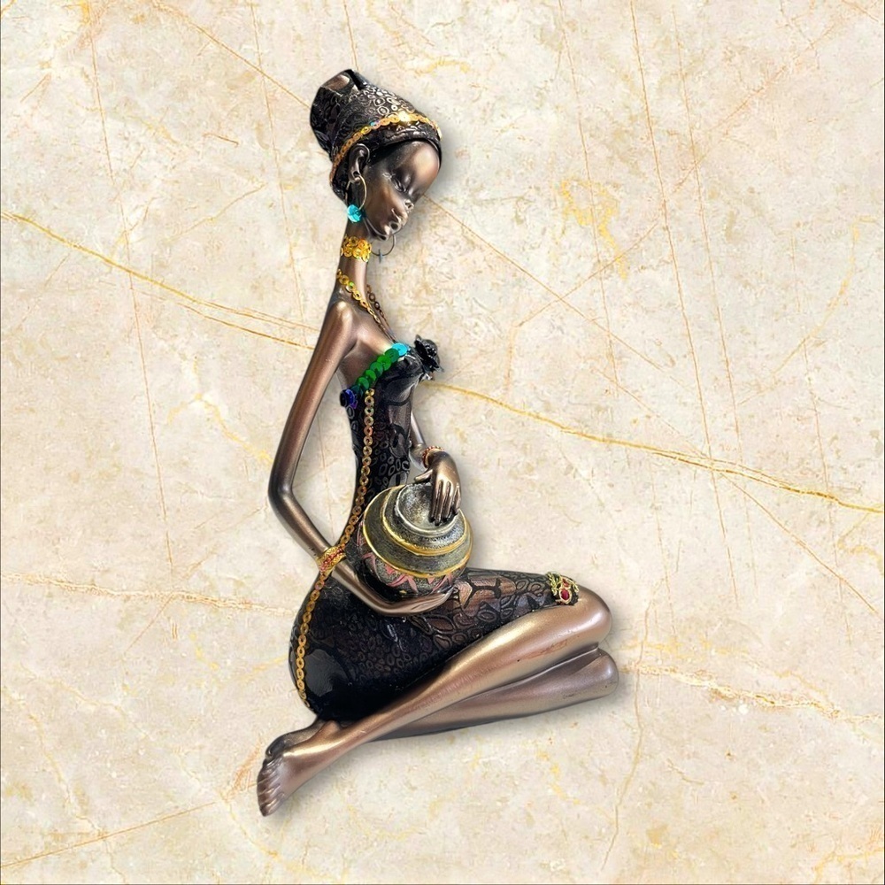 African Woman Figurine Hand Painted Tribal Culture Sculpture 10.5" Decor - Picture 4 of 14